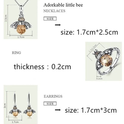 Fashion 925 Sterling Silver Queen Bee Crystal Gemstone Cubic Zirconia Ring Earrings Necklace Bracelet Jewelry Set CZ Charm Women Bridal Engagement Wedding Jewelry Set Gift