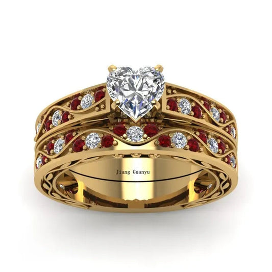 Sz 6-9 Cocktail Ring Champagne Gold Heart Zircon Ruby Women's Wedding Ring Engagement Ring Sets
