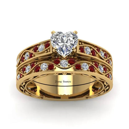 Sz 6-9 Cocktail Ring Champagne Gold Heart Zircon Ruby Women's Wedding Ring Engagement Ring Sets