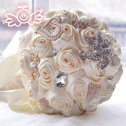21CM Satin Ribbon Roses Wedding Bouquet Pearl Crystal Brooch Bride Holding Flowers Artificial Rose Wedding Flower Bridesmaid Bouquet. Multi-color Optional