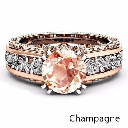 10mm Round Cut Rose & White Gold Plated 925 Sterling Silver Champagne & White Topaz Bridal Engagement Two Tone Gold Ring Size 5-11