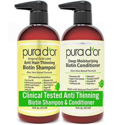 Anti-Thinning Biotin Shampoo & Deep Moisturizing Conditioner Original Gold Label Set (16Oz X2) Natural Earthy Scent, CLINICALLY TESTED Effective Results, DHT Blocker Thickening, Women & Men