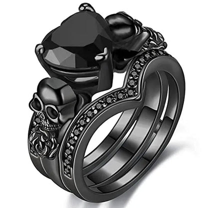 Gothic Skull Black Rings Set Women Rose Flower Red Purple Heart Love Zircon Crystal Christmas Anniversary Jewelry