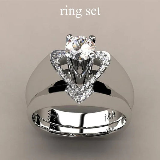 New Fashion Creative Exquisite Women's Heart Shaped  Simulation Zircon Ring Set  Engagement Ring Set