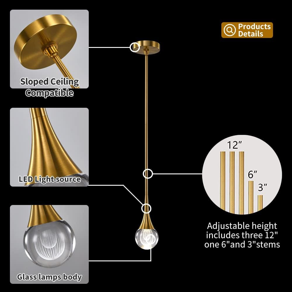 Pendant Light Fixtures 1-Light Mini Pendant Lighting for Kitchen，Gold Globe Pendant LED Light Fixture，Teardrop Crystal Pendant Light for Bedroom Dining Room Bar