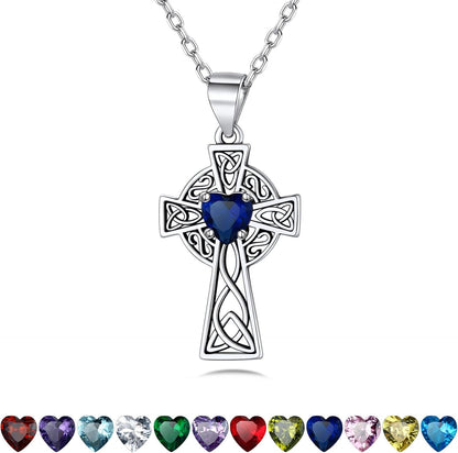 Silver Celtic Cross Necklace with 12 Month Heart Birthstone, Dainty Celtic Birthstone Necklace Silver Chain for Women Faith Irish Amulet Lucky Birthstone Jewelry