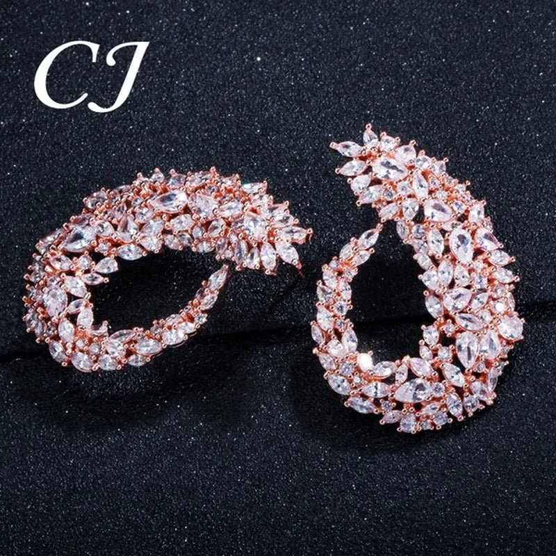 CANDICE Luxury 18K Rose Gold Plated Full Pave Multi Shape Rose Red And Pink Color CZ Zirconia Wedding Big Stud Earrings Romantic Party Jewelry for Brides