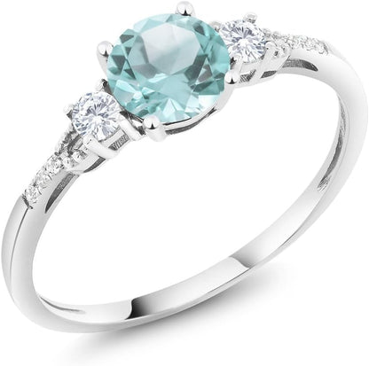 10K White Gold 6MM round Gemstone Birthstone White Created Sapphire & White Diamond Accent 3-Stone Engagement Ring | Three-Stone Wedding Anniversary Promise Ring for Women