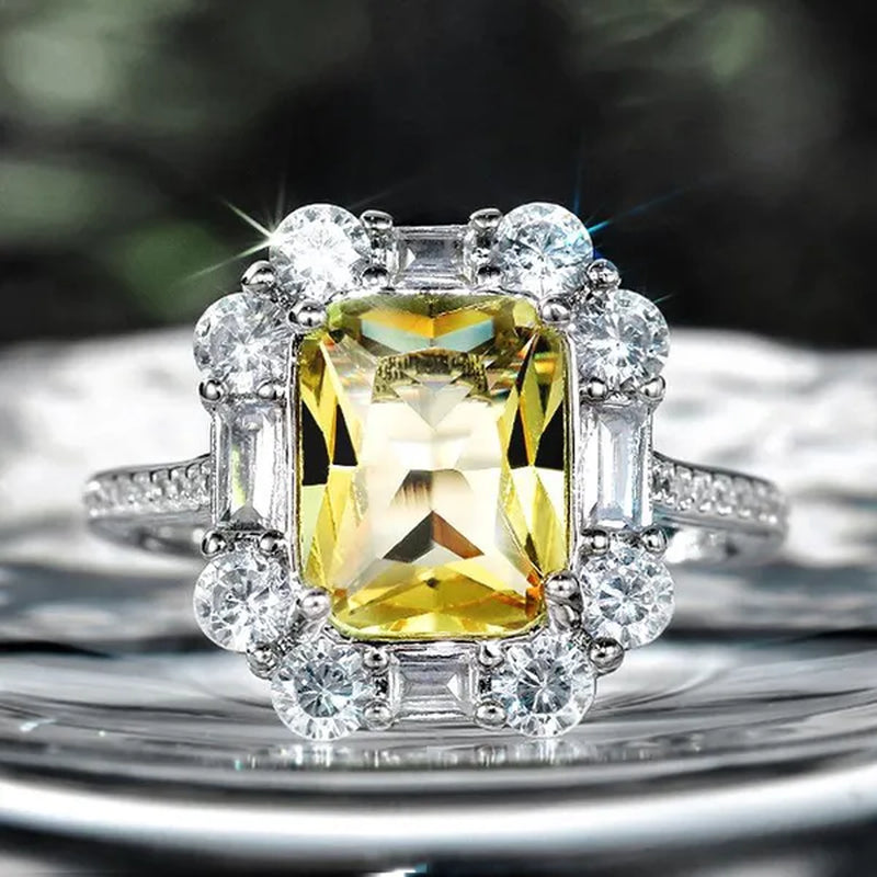 S925 Silver-plated Citrine Rhinestone Crown Ring Female Women Palace Bling Crystal Wedding Ring Jewelry