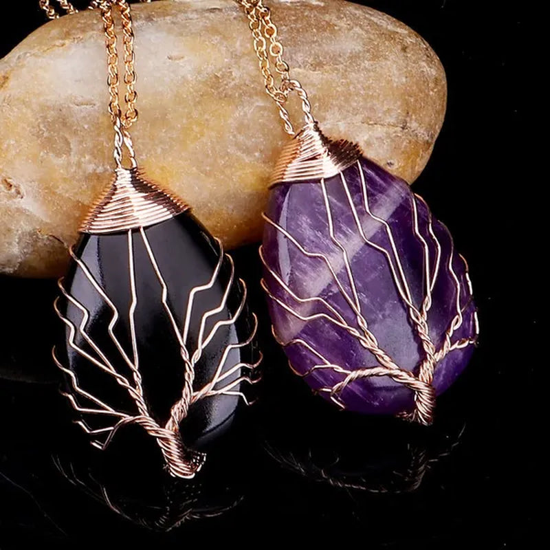 Vintage Natural Gemtone Crystal Amethyst Rose Quartz Tiger Eye Stone Water Drop Tree of Life Pendant Necklace for Women Men Jewelry