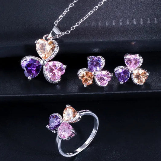 CANDICE Sterling Silver Plated Heart Shape Jewelry Set Pave Austrian Purple Pink Champagne Crystal Drop Dangle Necklace Earrings Ring Sets for Women Girls