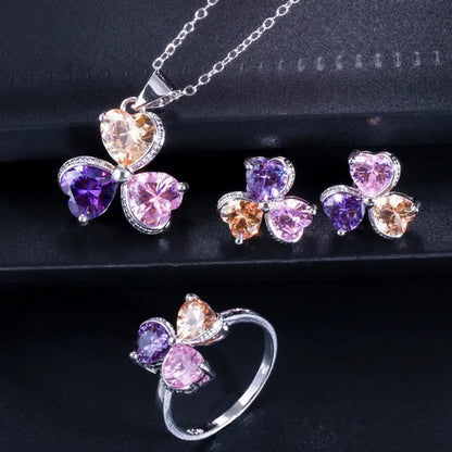 CANDICE Sterling Silver Plated Heart Shape Jewelry Set Pave Austrian Purple Pink Champagne Crystal Drop Dangle Necklace Earrings Ring Sets for Women Girls