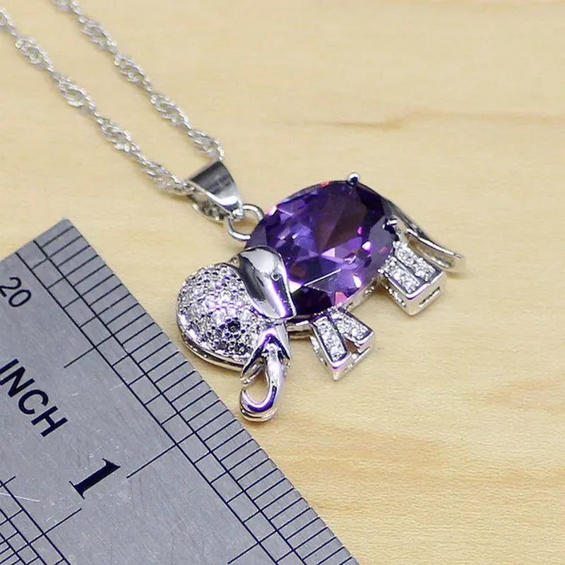 Elephant Shaped Purple Amethyst White Topaz 925 Sterling Silver Jewelry Sets Women Earrings/Pendant/Necklace/Rings