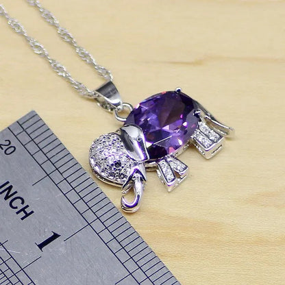 Elephant Shaped Purple Amethyst White Topaz 925 Sterling Silver Jewelry Sets Women Earrings/Pendant/Necklace/Rings