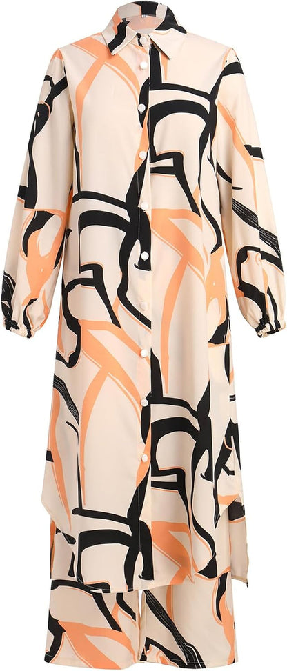 Abaya Dress for Women Muslim Set Long Sleeve Ramadan Islamic Dress Shirt with Pants 2PCS Dubai Prayer Casual Clothes