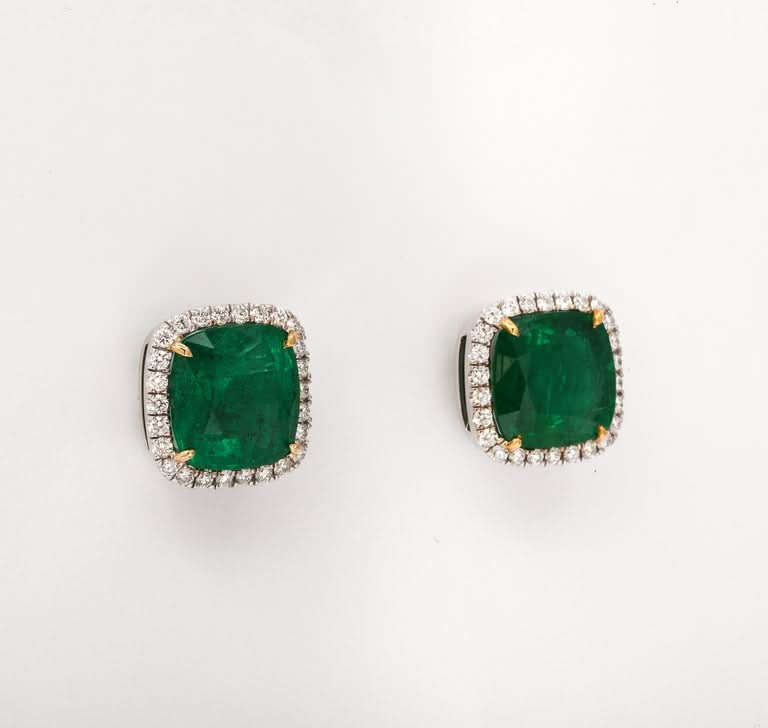 Exquisite 9.95 Carat Cushion Cut Emerald and Diamond Stud Earrings