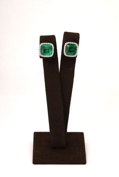 Exquisite 9.95 Carat Cushion Cut Emerald and Diamond Stud Earrings