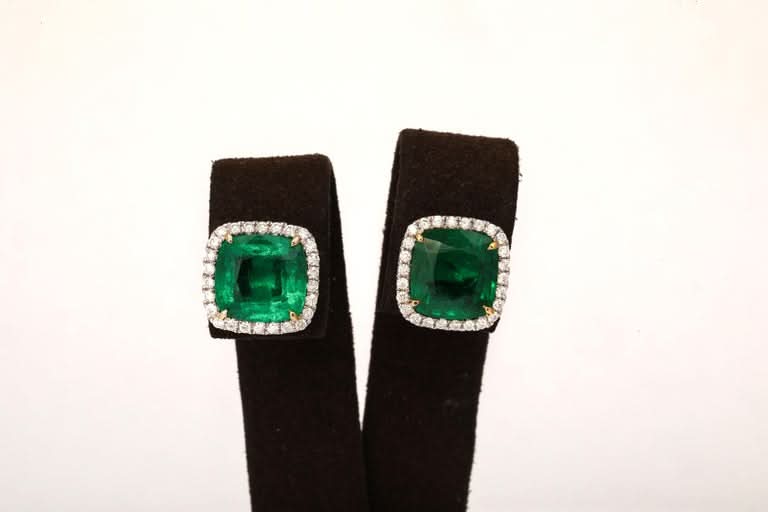 Exquisite 9.95 Carat Cushion Cut Emerald and Diamond Stud Earrings
