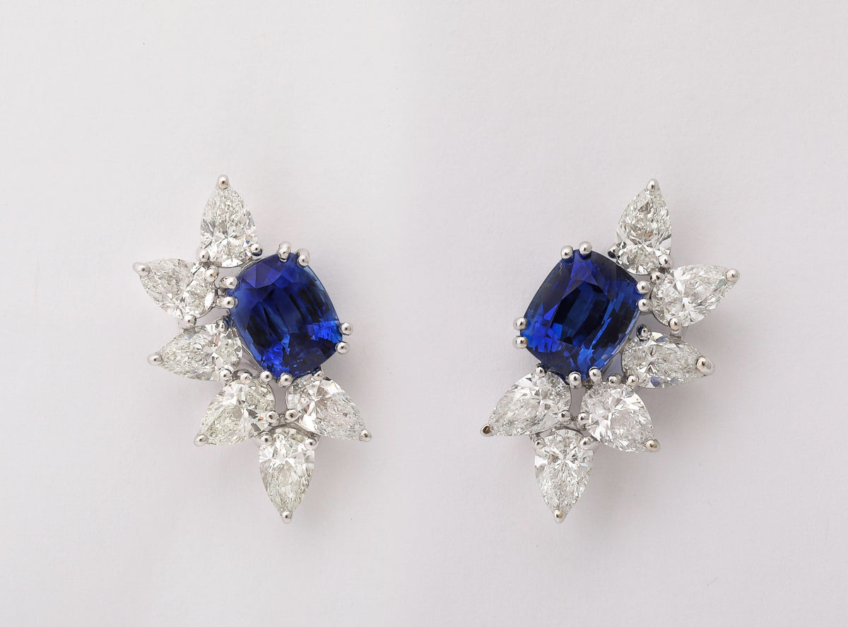 Ceylon Blue Sapphire and Pear Diamond Platinum Clip-On Earrings