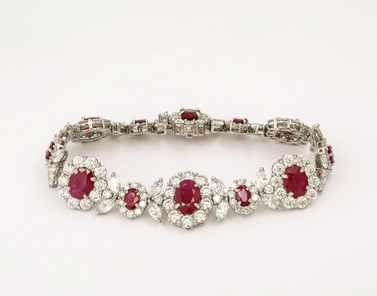 Intense Red Ruby and Diamond Platinum Link Bracelet 42 Carats