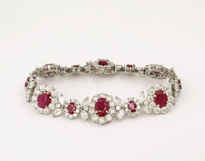 Intense Red Ruby and Diamond Platinum Link Bracelet 42 Carats