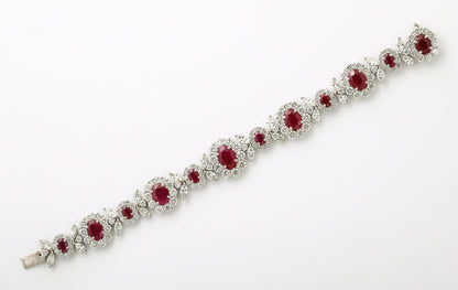 Intense Red Ruby and Diamond Platinum Link Bracelet 42 Carats