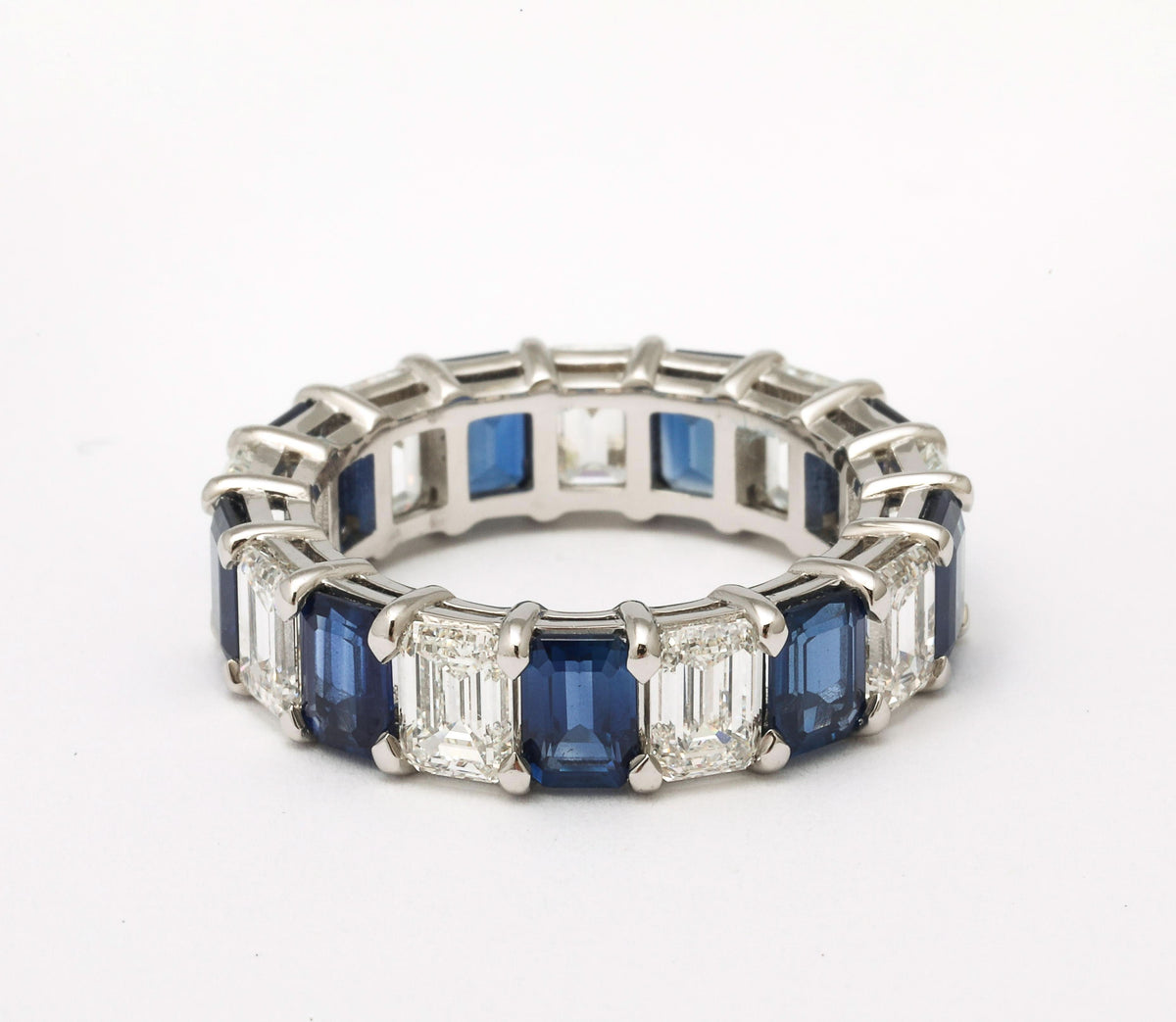 Custom Emerald Cut Blue Sapphire and Diamond Platinum Band Ring