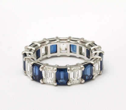 Custom Emerald Cut Blue Sapphire and Diamond Platinum Band Ring