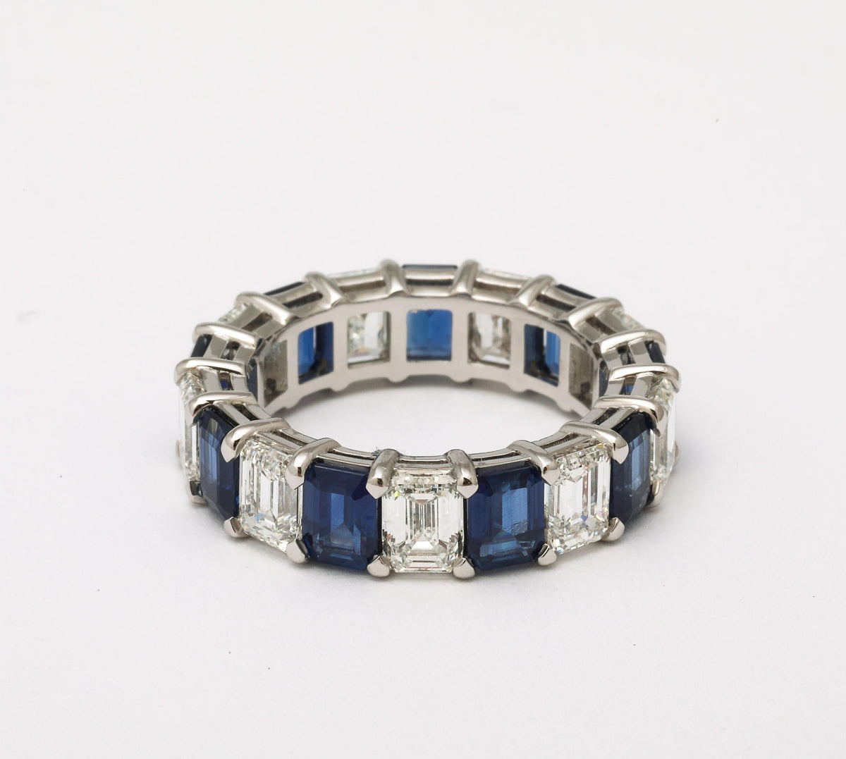 Custom Emerald Cut Blue Sapphire and Diamond Platinum Band Ring