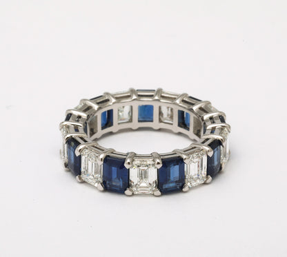 Custom Emerald Cut Blue Sapphire and Diamond Platinum Band Ring