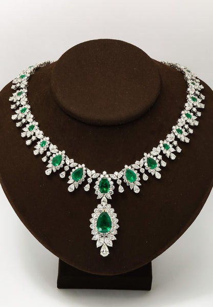Exquisite Emerald and Diamond Drop Necklace in Platinum and Gold