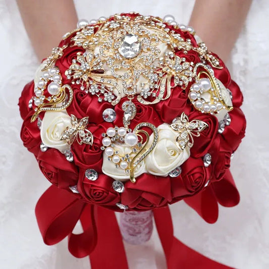 8 Inch Wine Red & Milk White Bridal  Bouquets Artificial Satin Rose Gold Diamond Brooch Bride Holding Flowers Party Valentine Bouquet