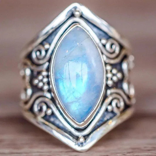 Large Antique Boho Jewelry 925 Solid Sterling Silver Natural Gemstone Marquise Moonstone Rings Size 5-11