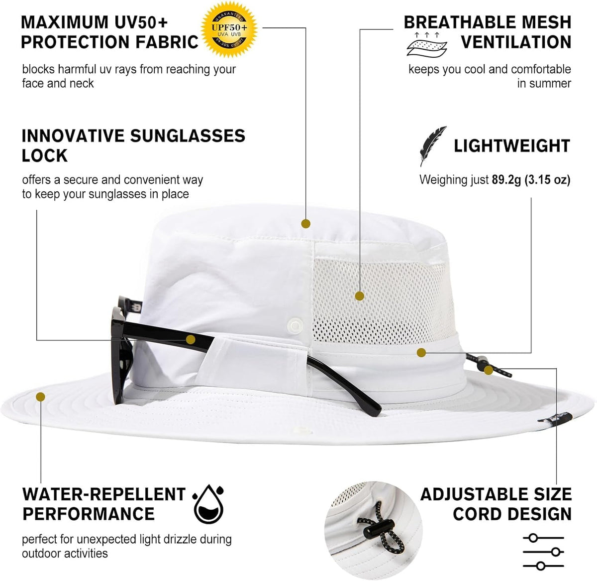 L/XL/XXL UV50+ Waterproof Wide Brim Bucket Sun Hat for Summer Fishing Hiking W/Detachable Strap & Vented Mesh