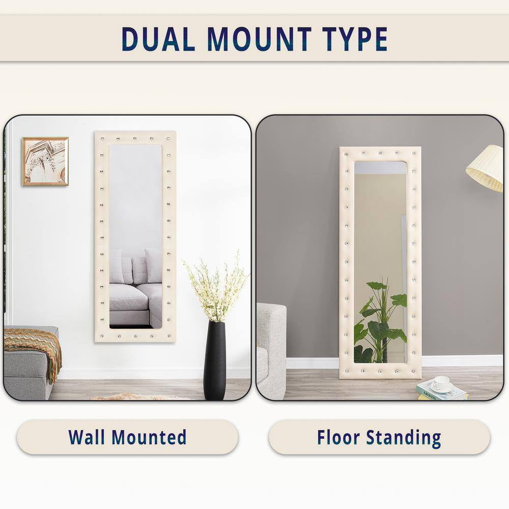 Beige 22 In. W X 63 In. H Modern Crystal Tufted Rectangle Framed Leaning Mirror