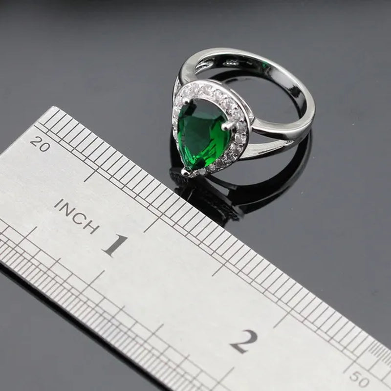 Water Drop Green Zircon White Topaz AAA Zircon 925 Silver Jewelry Sets Necklace Pendant Long Drop Earrings Ring for Women
