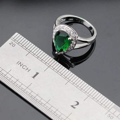 Water Drop Green Zircon White Topaz AAA Zircon 925 Silver Jewelry Sets Necklace Pendant Long Drop Earrings Ring for Women