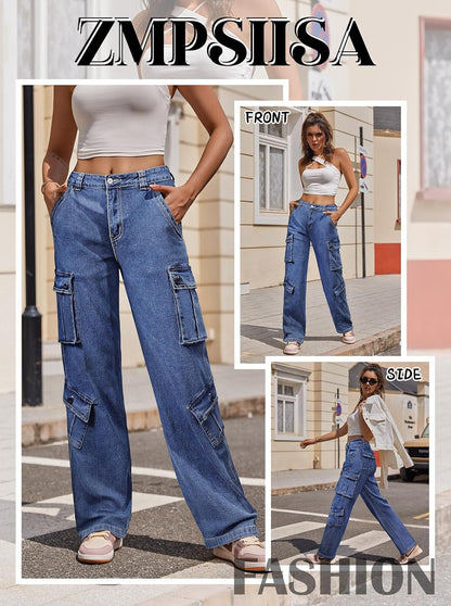 Women Pants High Waisted Cargo Pants Combat Military Wide Leg Casual Trousers 8 Pockets