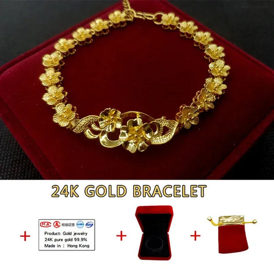 24K Pure Gold Women Bracelet Set Exquisite Flower Design Bracelet Gift Set