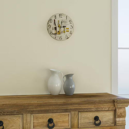 14 In. Circular Wooden Wall Clock with 2-Bottles of Wine Print