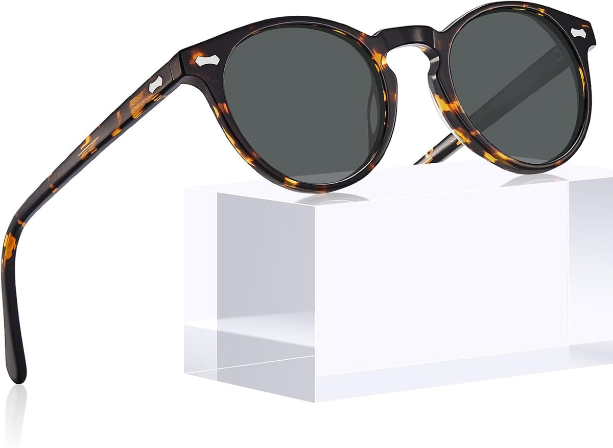 round Acetate Polarized Sunglasses for Women Small Face UV Protection with Leather Case CA5288