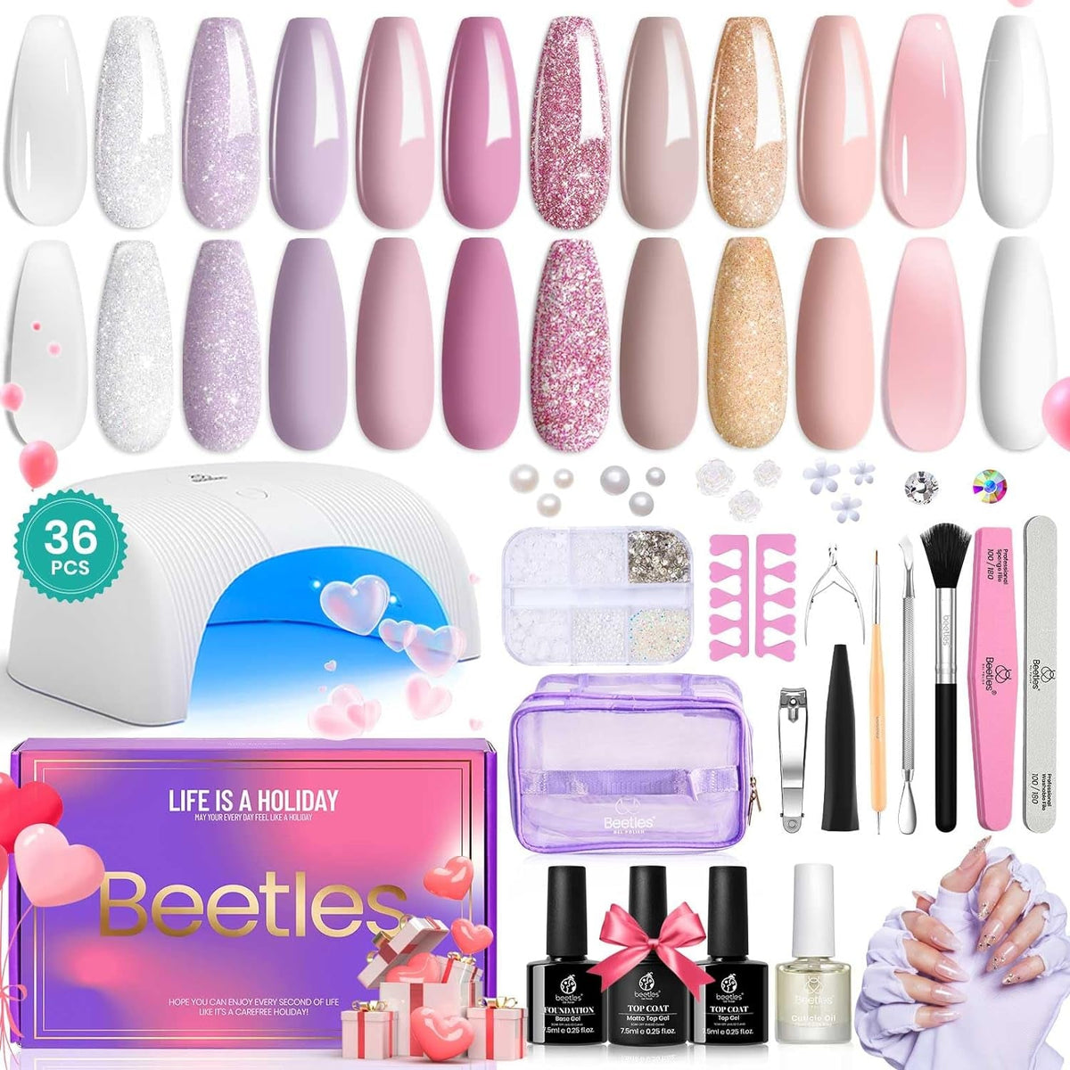 Beetles Purple Burgundy Red Gel Nail Polish Kit with Uv Light 48W LED Nail Lamp Dryer Spring Colors Neutral Gel Polish Starter Kit Peach Pink Manicure Set Soak off Gel Polish Skin Tone Gifts for Women