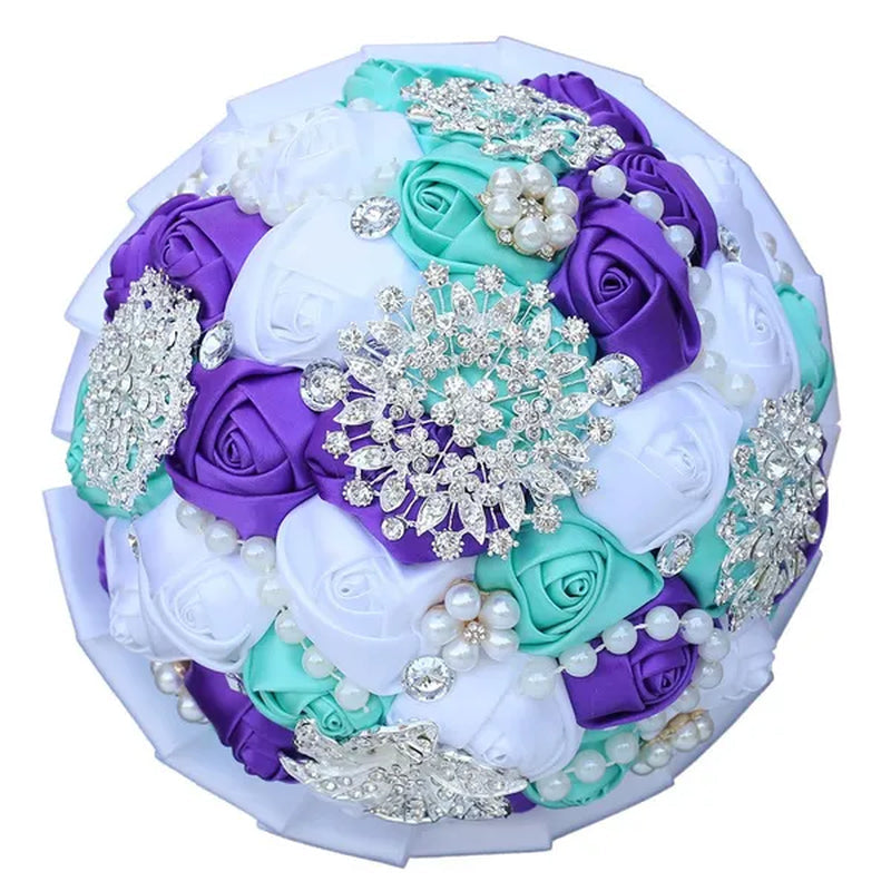 20CM Mixed Color Silk Ribbon Rose Wedding Flower Bouquet Luxury Pearl Crystal Brooch Bridal Bouquet Handmade Creative Bridesmaid Holding Flowers