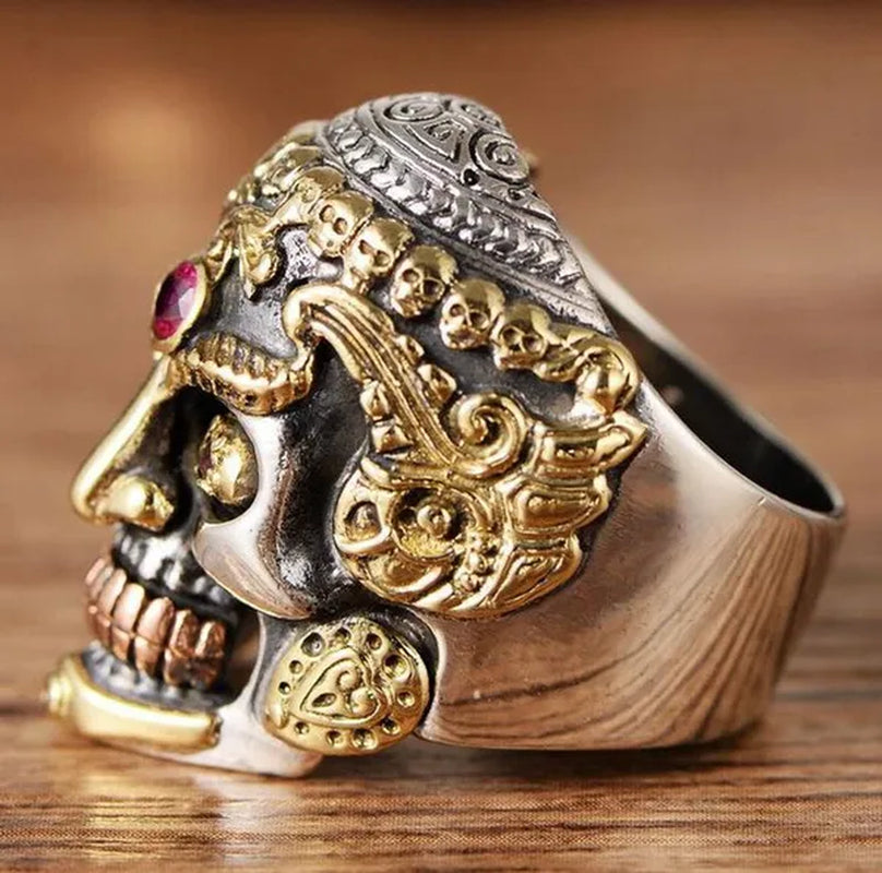 Stainless Steel Top Quality Ruby Gold Color Biker Skull Ring Jewelry