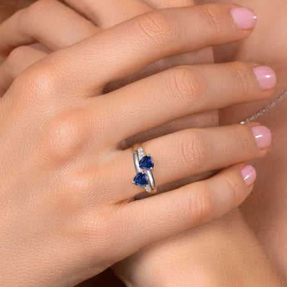 1.30 Cttw Blue Created Sapphire and White Lab Grown Diamond Ring for Women | 925 Sterling Silver | 5MM Heart Shape | Available in Size 5, 6, 7, 8, 9