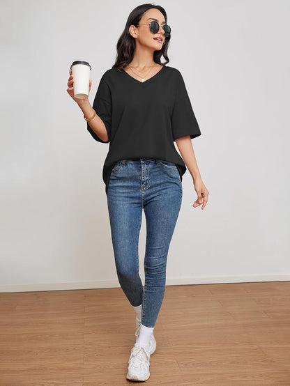 Womens Summer Oversized Shirts V Neck Business Casual Workout Tops Beach Vacation 2025 Gym Clothes