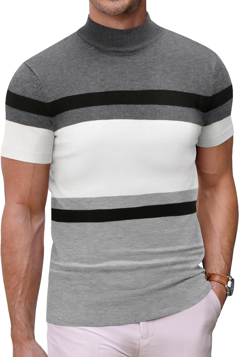 Mens Mock Turtleneck Sweater Short Sleeve Solid Color T-Shirts Basic Slim Fit Knitted Pullover Tees