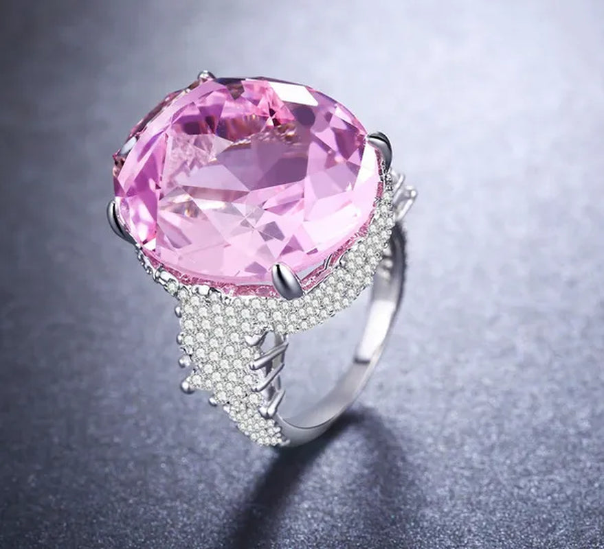 Huge  Natural Gemstones Silver Ellipse Pink Sapphire Wedding Birthstone Bride Flower Jewelry Size 5 6 7 8 9 10