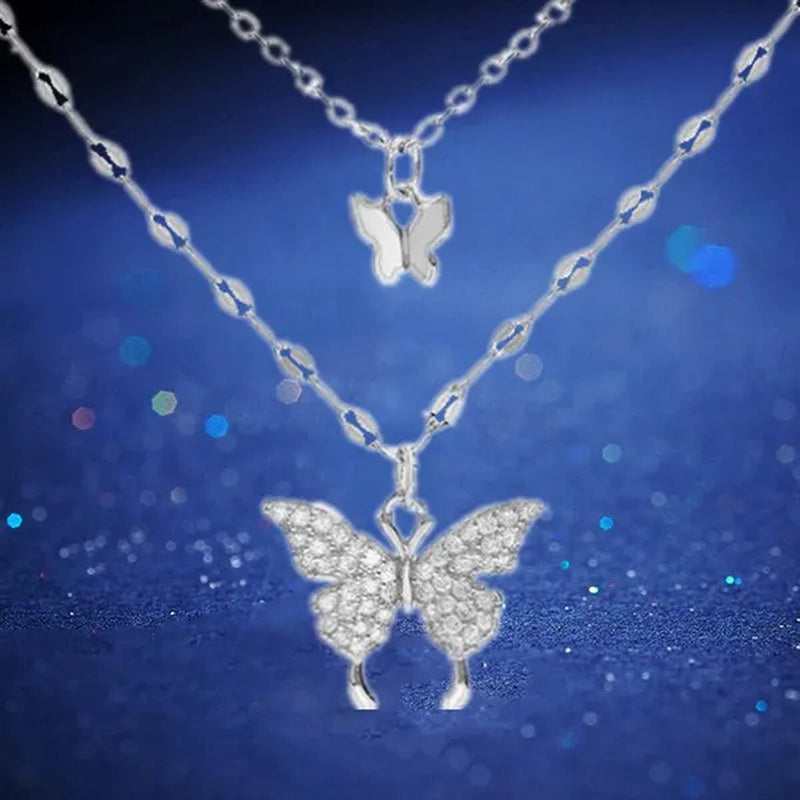 Delicate and Creative Women's Zircon Necklace Butterfly Necklace Double Layer Necklace Women's Geometric Necklace Butterfly Necklace Fashion Women's Jewelry Accessories Festival Wedding Engagement Valentine's Day Anniversary Gift Christmas Gift Jewelry