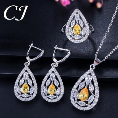 CANDICE Women's Sterling Silver Plated Jewelry Set Summer New Fashion Blue Zircon Necklace Pendant Earrings Ring（US 7-9)